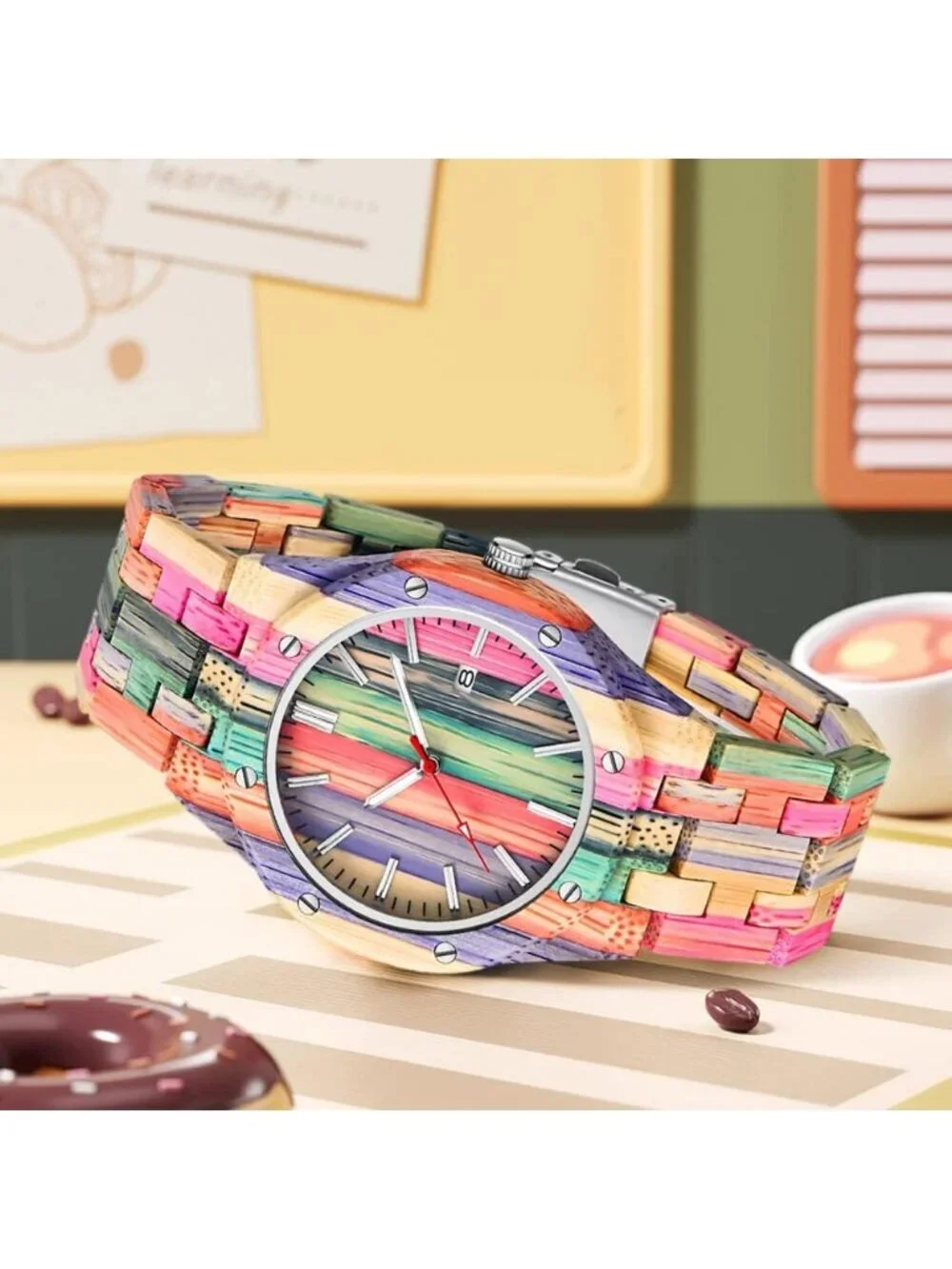 Men's Multicolor Analog Quartz Handmade Colorful Bamboo Geometric Wooden Watch